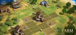 Villagers working square farm plots beside timber houses