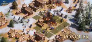 Settlement under attack with buildings burning
