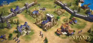Walled town with towers and a market inside the walls