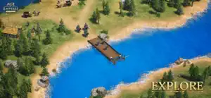 Explorers crossing a bridge beside a blue lake