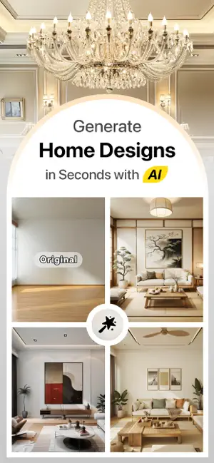 Before-and-after collage: an empty room with a wood floor labelled Original and three AI-furnished versions, under the line Generate Home Designs in Seconds with AI