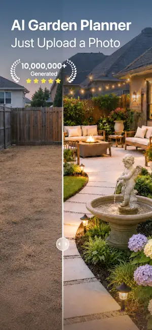 AI Garden Planner split view: a bare dirt backyard beside an AI version with a patio, fire pit, string lights and a cherub fountain