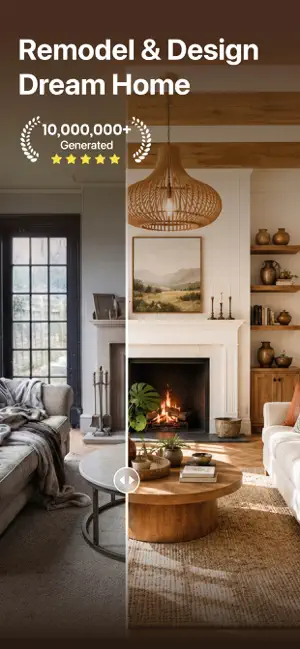Remodel and Design split view: a dim grey living room beside a warm restyle with a lit fireplace, rattan pendant lamp and jute rug