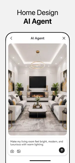 AI Agent chat screen with a generated white-and-gold living room and a prompt asking for a bright, modern, luxurious look with warm lighting