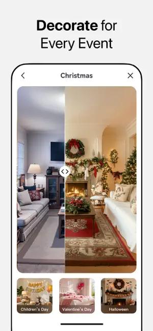 Christmas decor mode: a plain living room beside a version with a tree, wreath and garlands, with Children's Day, Valentine's Day and Halloween tiles below