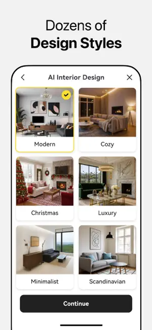 AI Interior Design style picker with six presets: Modern (selected), Cozy, Christmas, Luxury, Minimalist and Scandinavian