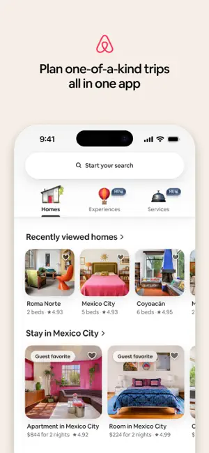 Home screen with Homes, Experiences and Services tabs, recently viewed homes in Roma Norte and Coyoacán, and Guest favorite stays in Mexico City from $224 for two nights