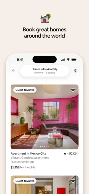 Search results for homes in Mexico City for three guests, led by a Guest favorite Condesa apartment rated 4.92 with free cancellation at $1,358 for four nights