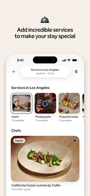 Services in Los Angeles listing 32 chefs, 71 photographers and 12 prepared-meal providers, with a California fusion chef from $50 per guest