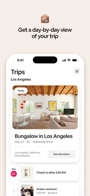 Trips tab for a Los Angeles bungalow booked May 22 to 26, with a Get directions button and a timeline showing check-in after 3:00 PM and a fusion workout