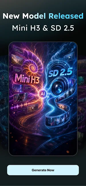 Promo card announcing the new Mini H3 and SD 2.5 models above a Generate Now button