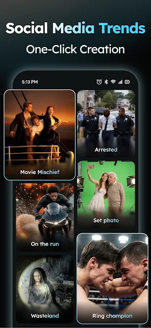 Social Media Trends template grid with Movie Mischief, Arrested, Set photo, On the run, Wasteland and Ring champion