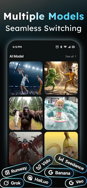 AI Model gallery of sample clips with chips for Runway, Vidu, Seedance, Grok, HaiLuo, Banana and Veo
