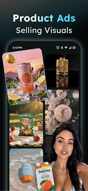 Product Ads examples showing a fruit drink can, a perfume bottle, a chip bag and a presenter holding orange juice