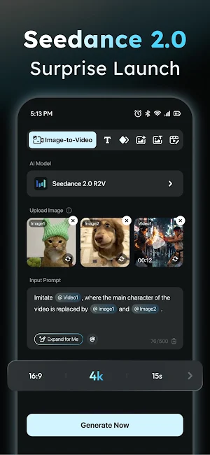 Image-to-Video screen on Seedance 2.0 R2V with two photos and a video as references, set to 16:9, 4K and 15s