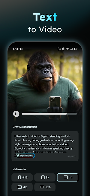 Text-to-video screen with a Bigfoot vlog clip, a prompt box with Expand for me and five aspect ratio options