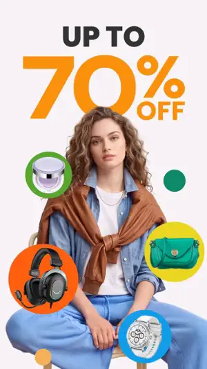 AliExpress promo graphic advertising up to 70% off, with a handbag, headphones and smartwatch around a model