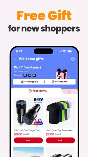 Welcome gifts screen offering a $0.00 car charger or T-shirt with one purchase and a 59-minute countdown