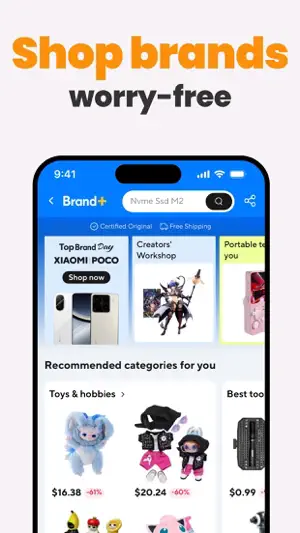 Brand+ storefront with Certified Original and free shipping badges above a Xiaomi POCO banner and toy categories