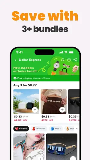 Dollar Express page selling any three new-shopper items for $0.99 with free shipping on three