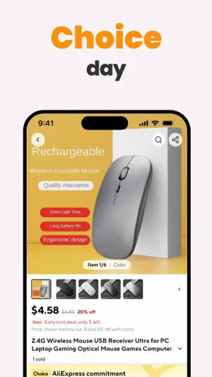 Choice Day product page for a $4.58 wireless mouse, priced before tax with an extra 3% off using coins