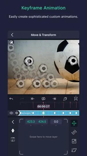 Move & Transform panel with position keyframes on a Rectangle 1 layer, animating a soccer ball across a wooden floor