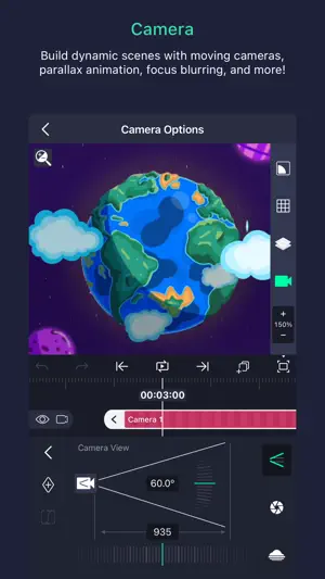 Camera Options screen with a Camera 1 layer at a 60-degree field of view over a cartoon Earth and clouds