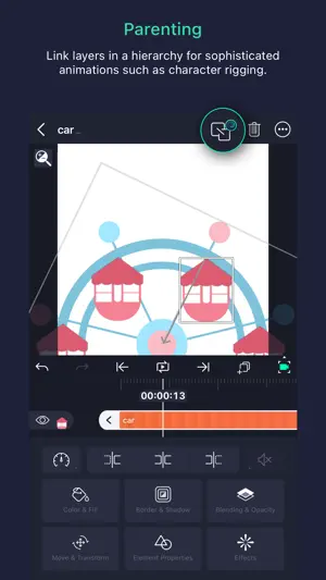 Layer parenting button above a Ferris wheel drawing, with a car layer linked to its parent