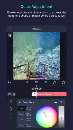 Color Tune effect splitting a pier photo before and after, with Lift, Gamma, Gain and Offset color wheels