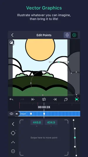 Edit Points mode reshaping a vector cloud with Bezier handles on a sun-and-hills illustration