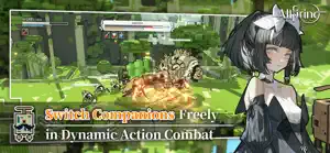A dark-haired companion beside a side-scrolling battle in a forest, captioned switch companions freely