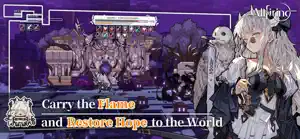 A silver-haired companion beside a purple-lit battle scene, captioned carry the flame and restore hope