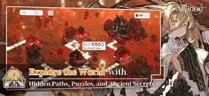 A blonde companion beside a voxel autumn map with a puzzle, captioned explore the world