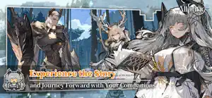 Two companions in dark armour beside a story scene, captioned experience the story