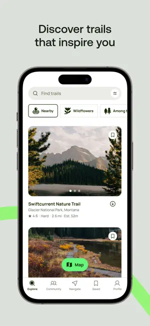 Explore tab with Nearby and Wildflowers filters above Swiftcurrent Nature Trail in Glacier National Park, rated 4.6, Hard, 2.6 mi