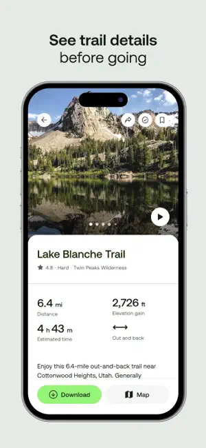 Lake Blanche Trail page: 6.4 mi out and back, 2,726 ft elevation gain, estimated 4 h 43 m, with Download and Map buttons