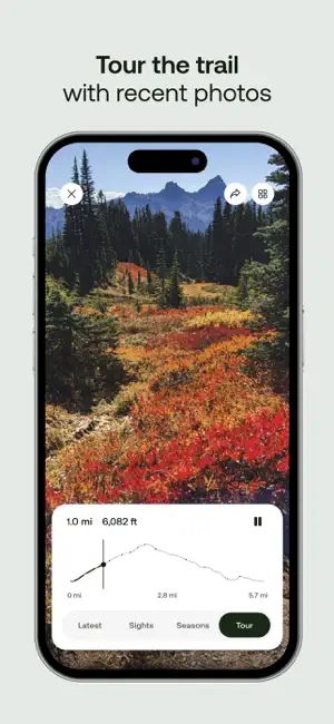 Photo tour of a trail through red autumn foliage above an elevation profile at 1.0 mi and 6,082 ft, with Latest, Sights, Seasons and Tour tabs