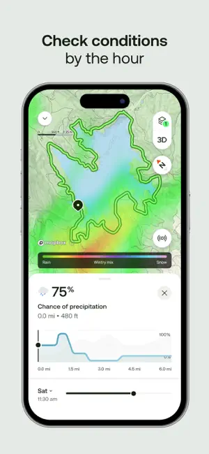 Trail Conditions precipitation overlay on a 6-mile loop showing a 75% chance of precipitation at 11:30 am on Saturday