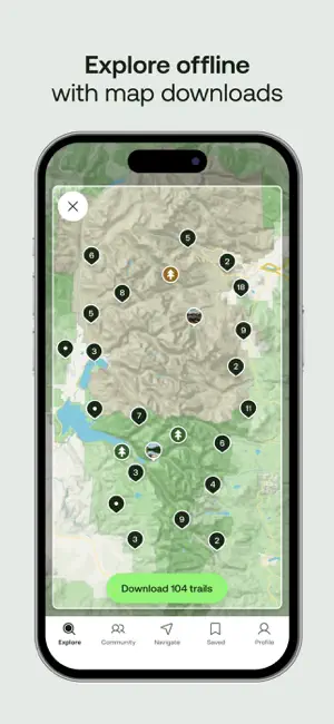 Offline area selection box over a park map with numbered trail clusters and a Download 104 trails button