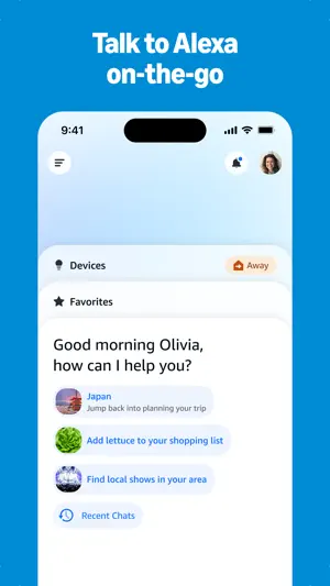 Alexa app home screen greeting Olivia with Devices set to Away, Favorites and suggestions for a Japan trip, a shopping list item and local shows