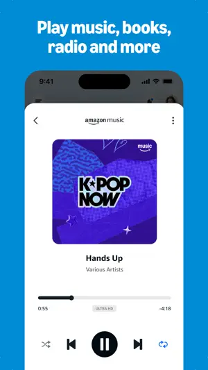 Amazon Music player inside the Alexa app playing Hands Up from the K-Pop Now playlist in Ultra HD