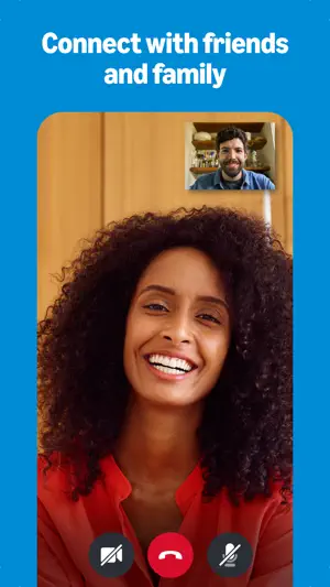 Video call between two people with camera, end-call and microphone buttons at the bottom