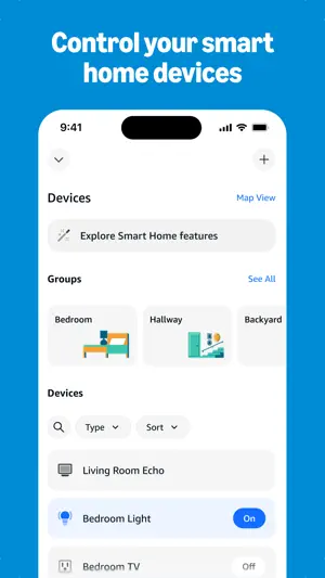 Devices page with a Map View link, Bedroom, Hallway and Backyard groups, Type and Sort filters and a Bedroom Light switched on