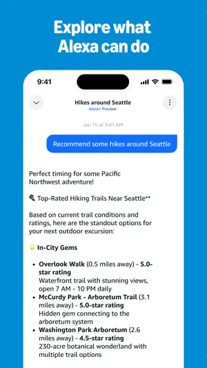 Alexa+ Preview chat answering Recommend some hikes around Seattle with trail distances and star ratings