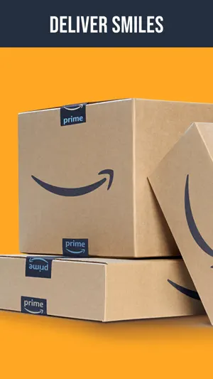 Stack of Prime-taped Amazon boxes with the smile logo on an orange background under a Deliver Smiles banner