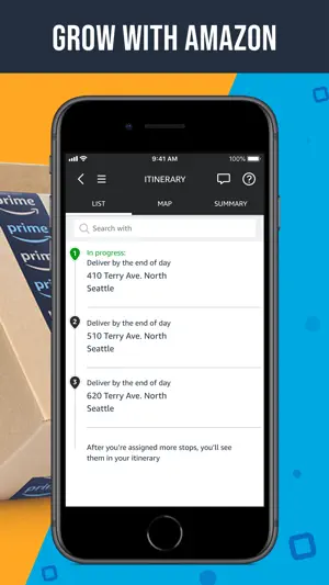 Amazon Flex itinerary list with three Seattle stops on Terry Ave North, each due by the end of the day