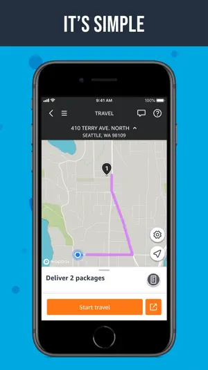 Travel screen with a purple route on the map, a Deliver 2 packages card and an orange Start travel button