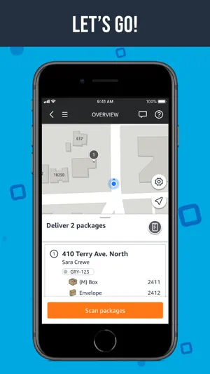 Stop overview for 410 Terry Ave North listing a box and an envelope above an orange Scan packages button