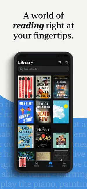Kindle app Library tab in dark mode, with a Search Kindle bar above a grid of book covers