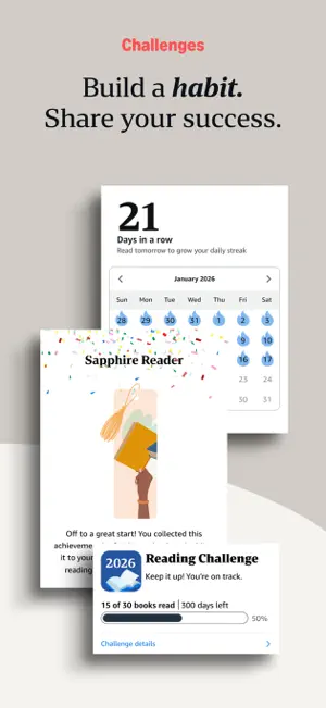 Challenges screen with a 21-day reading streak calendar and a 2026 Reading Challenge at 15 of 30 books